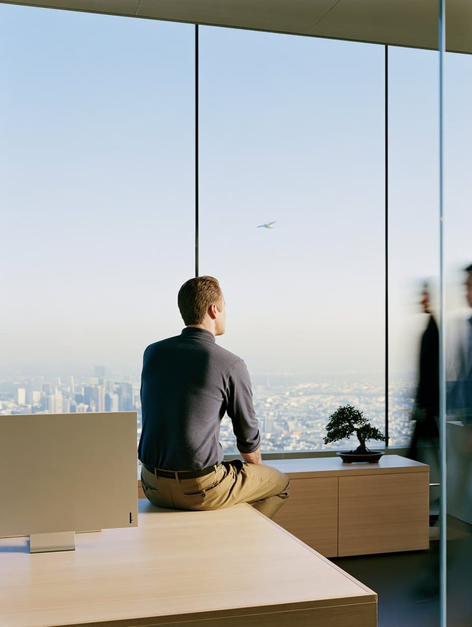 An executive sits at a desk in a high-rise office, looking out over a city skyline at dusk.