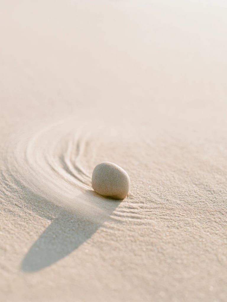 A single smooth stone resting on raked sand, lit by soft low sun